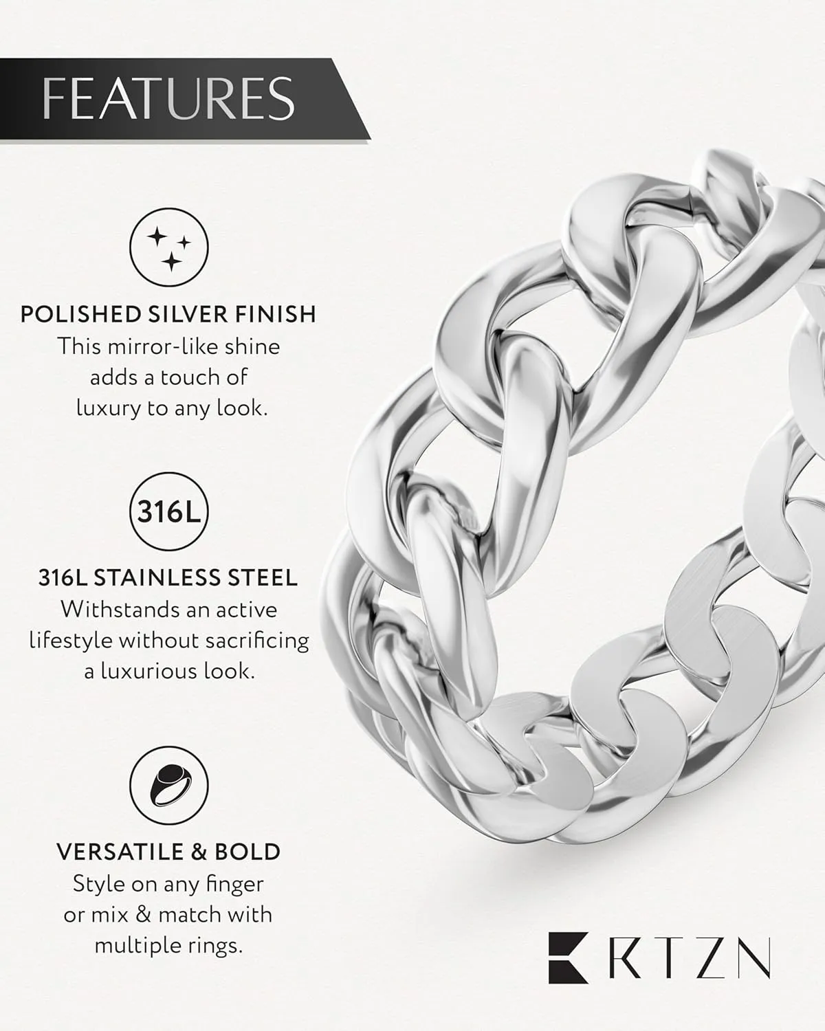 RTZN® Cuban Link Ring for Men — 6MM Premium Stainless Steel Gold/Silver Chain Ring for Men and Women — 100% Waterproof & Non-Tarnish Mens Chain Link Rings (Size: 6-12)