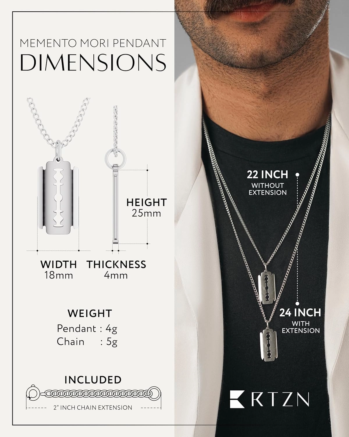 RTZN® Pendant Necklace for Men – Premium Stainless Steel Silver Pendant Necklace with 22" Chain   2" Extension – Waterproof & Non-Tarnish Pendants for Men – Bold Symbols of Strength, Legacy & Meaning