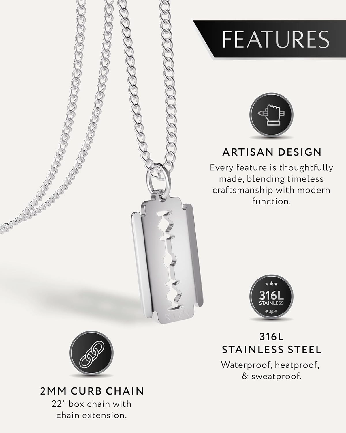 RTZN® Pendant Necklace for Men – Premium Stainless Steel Silver Pendant Necklace with 22" Chain   2" Extension – Waterproof & Non-Tarnish Pendants for Men – Bold Symbols of Strength, Legacy & Meaning