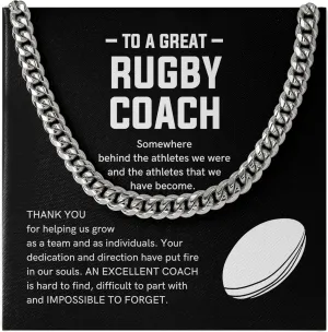 Rugby Coach Necklace Silver Plated Cuban Chain - Thank You for Helping Us Grow - Coach Athlete Player Sport Appreciate Baseball Handball