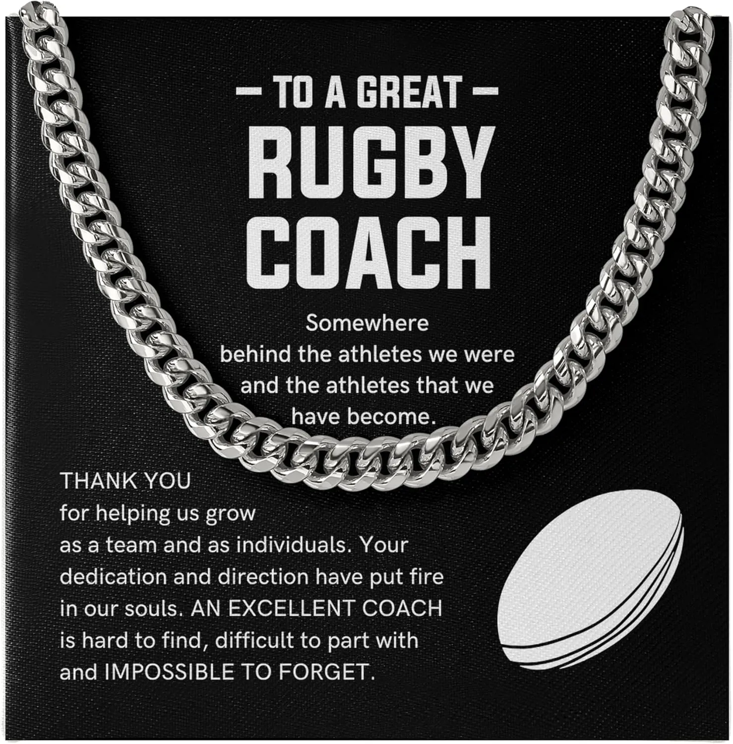 Rugby Coach Necklace Silver Plated Cuban Chain - Thank You for Helping Us Grow - Coach Athlete Player Sport Appreciate Baseball Handball