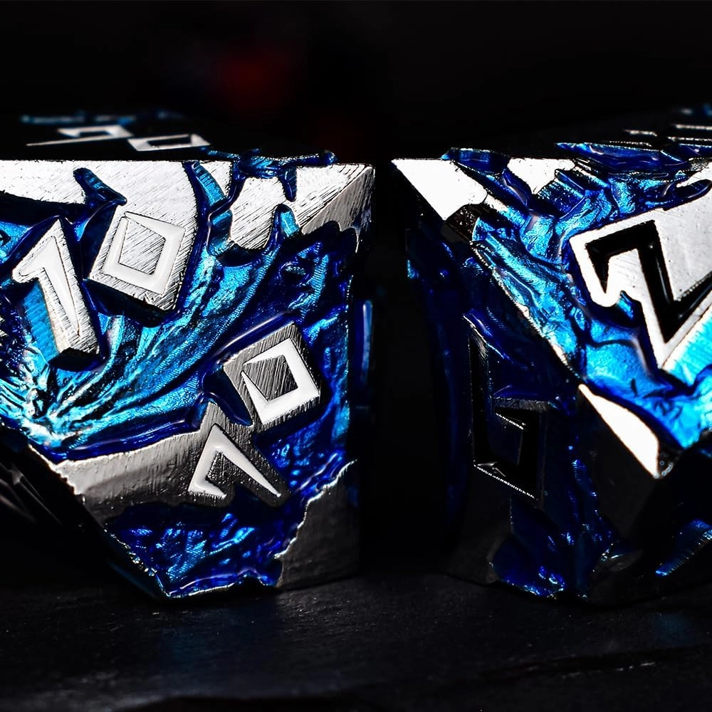 Rule Dice - Dungeons and Dragons Metal Dice Set, D&D Set with D20, D4, D12, D10, D%, D8, D6 - Blue Dragon Style, Silver Black