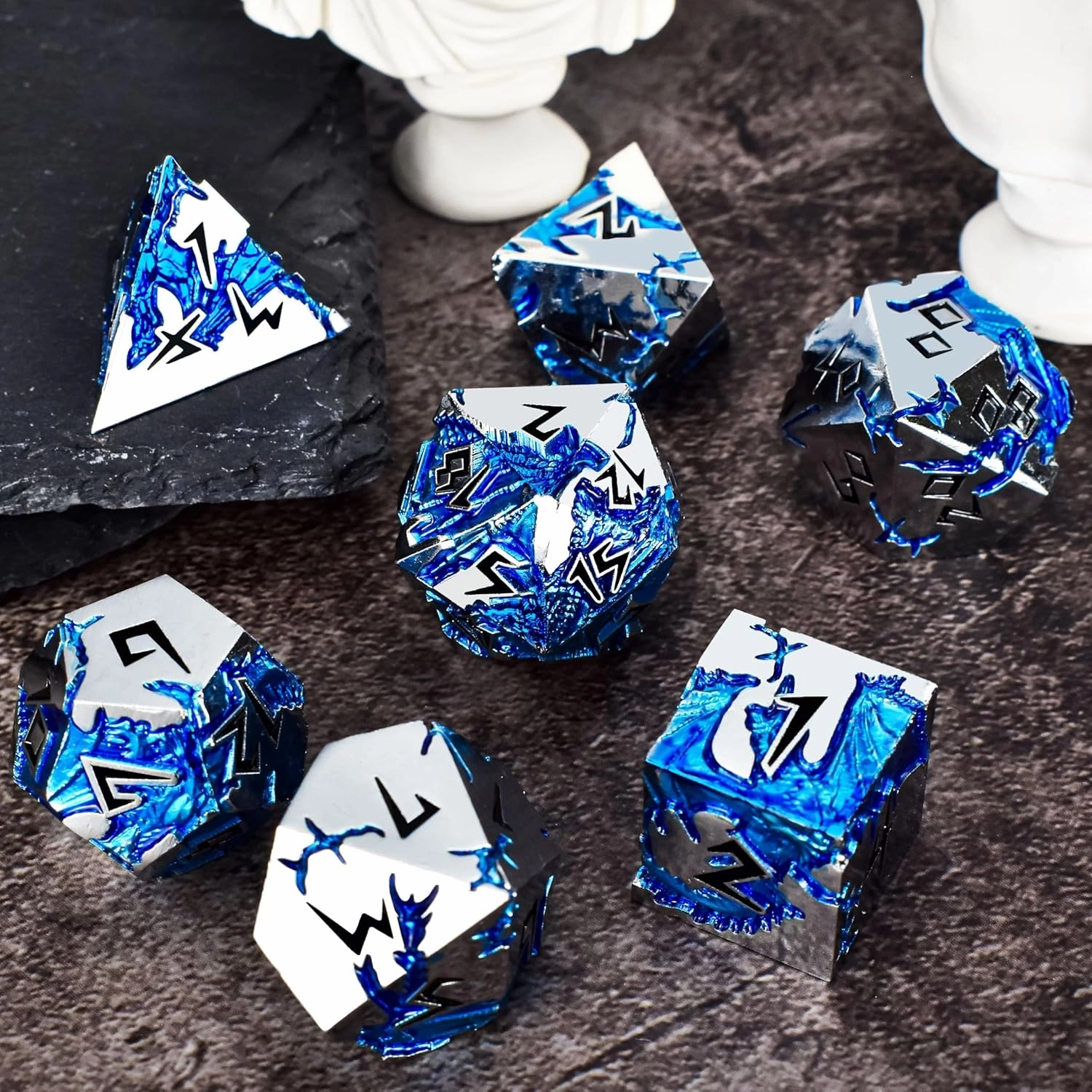 Rule Dice - Dungeons and Dragons Metal Dice Set, D&D Set with D20, D4, D12, D10, D%, D8, D6 - Blue Dragon Style, Silver Black