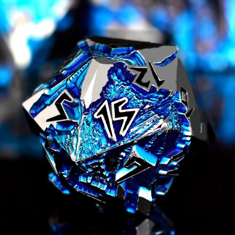 Rule Dice - Dungeons and Dragons Metal Dice Set, D&D Set with D20, D4, D12, D10, D%, D8, D6 - Blue Dragon Style, Silver Black
