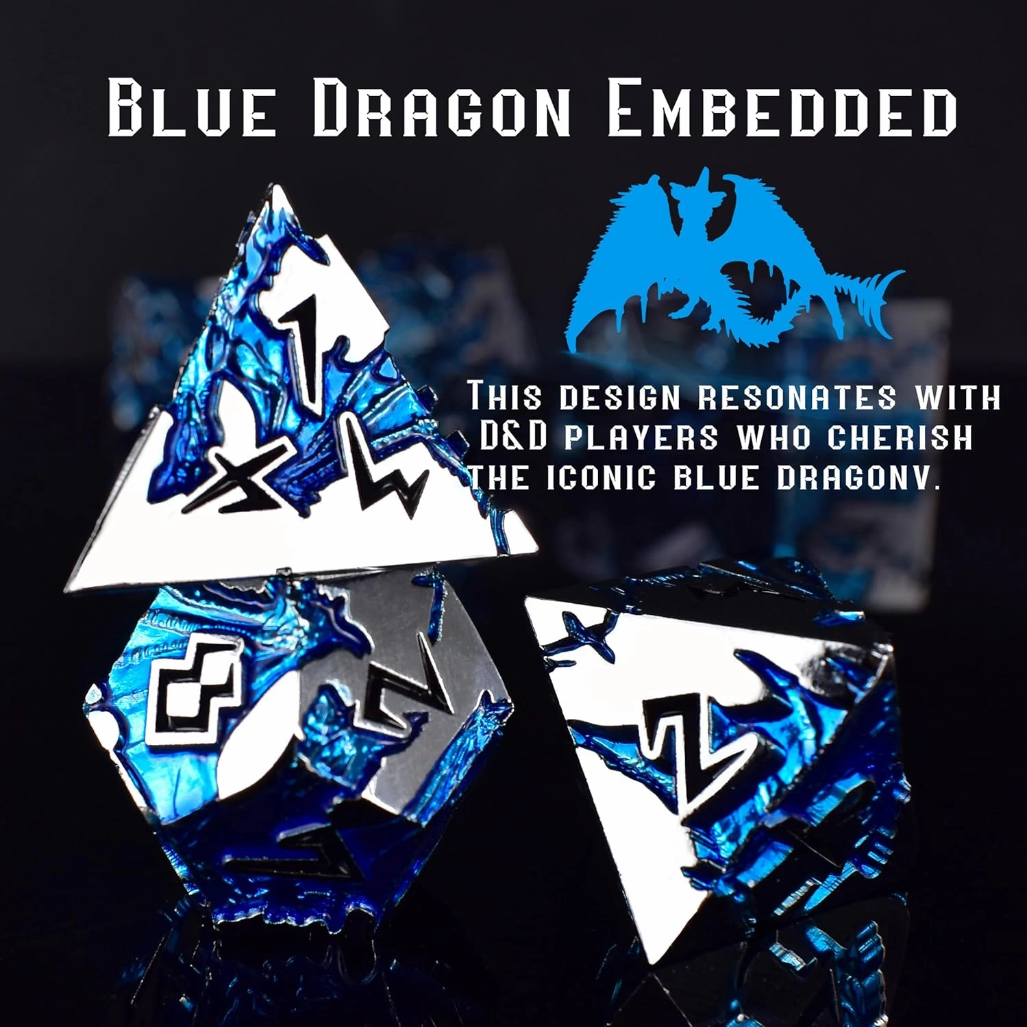 Rule Dice - Dungeons and Dragons Metal Dice Set, D&D Set with D20, D4, D12, D10, D%, D8, D6 - Blue Dragon Style, Silver Black