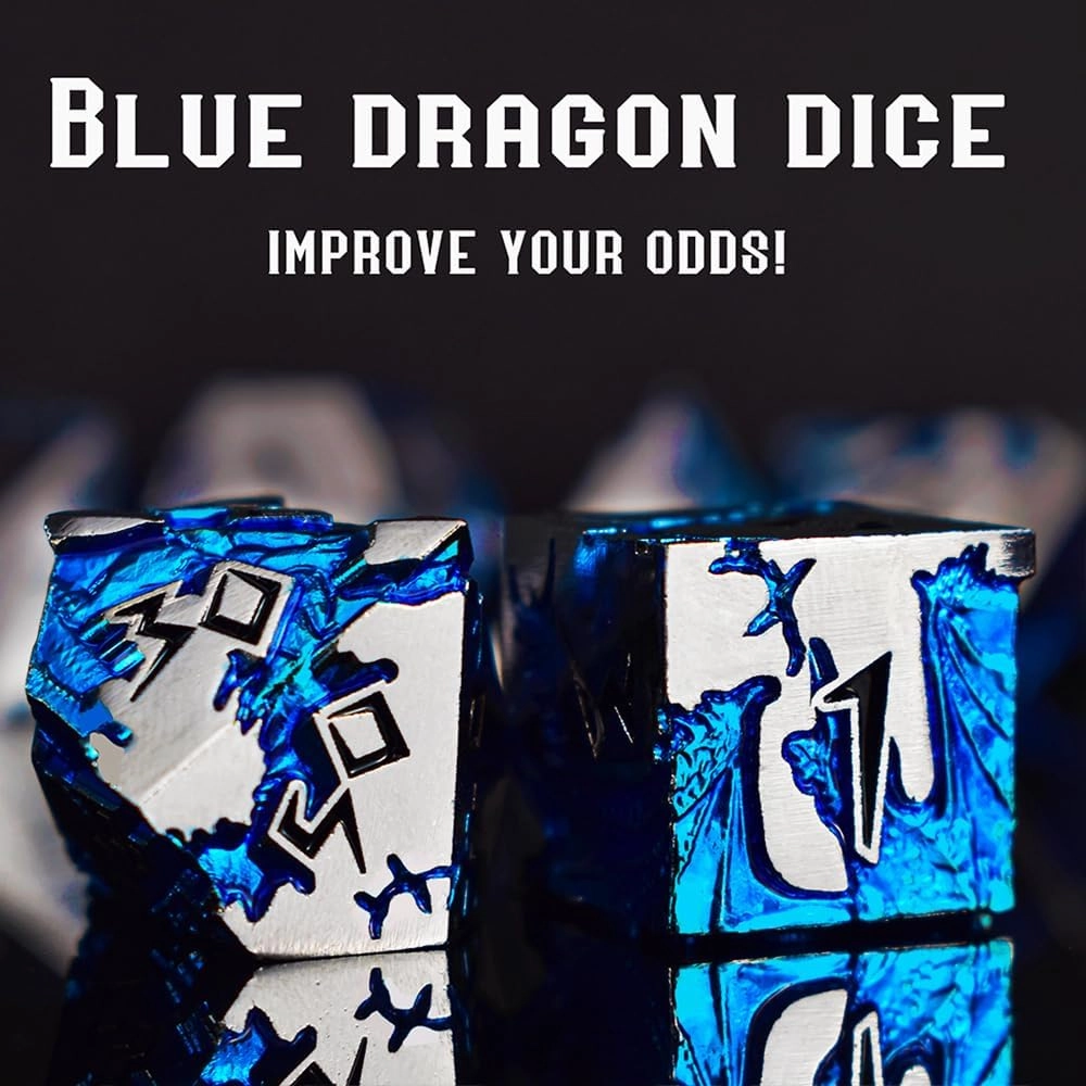 Rule Dice - Dungeons and Dragons Metal Dice Set, D&D Set with D20, D4, D12, D10, D%, D8, D6 - Blue Dragon Style, Silver Black