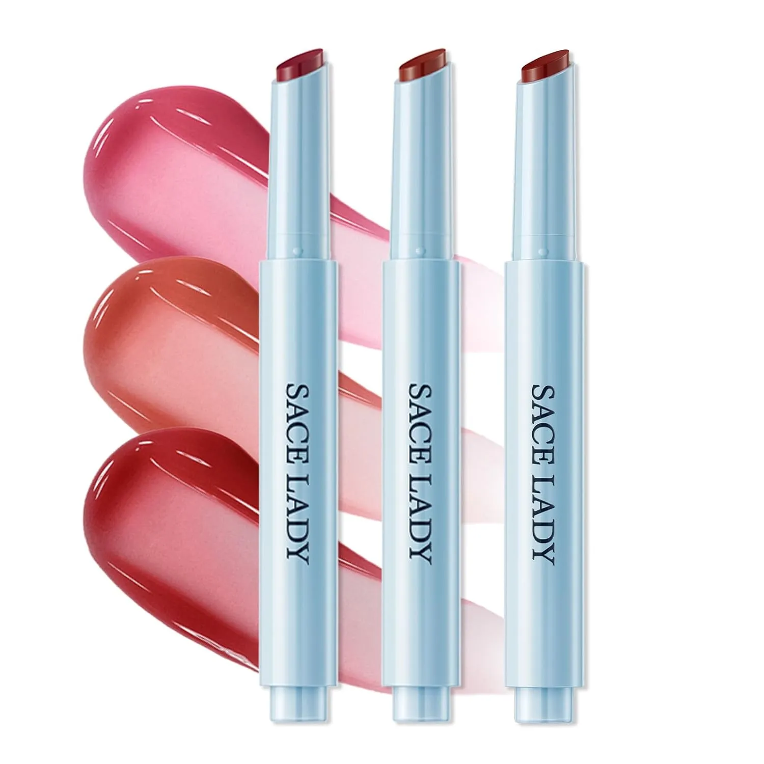 SACE LADY Watery Lipstick Click, 3 Colors Moisturizing Non Sticky Lip Gloss Set, Glasting Solid Lip Tint Stain with Dewy Finish (02 03 05, 3pcs)