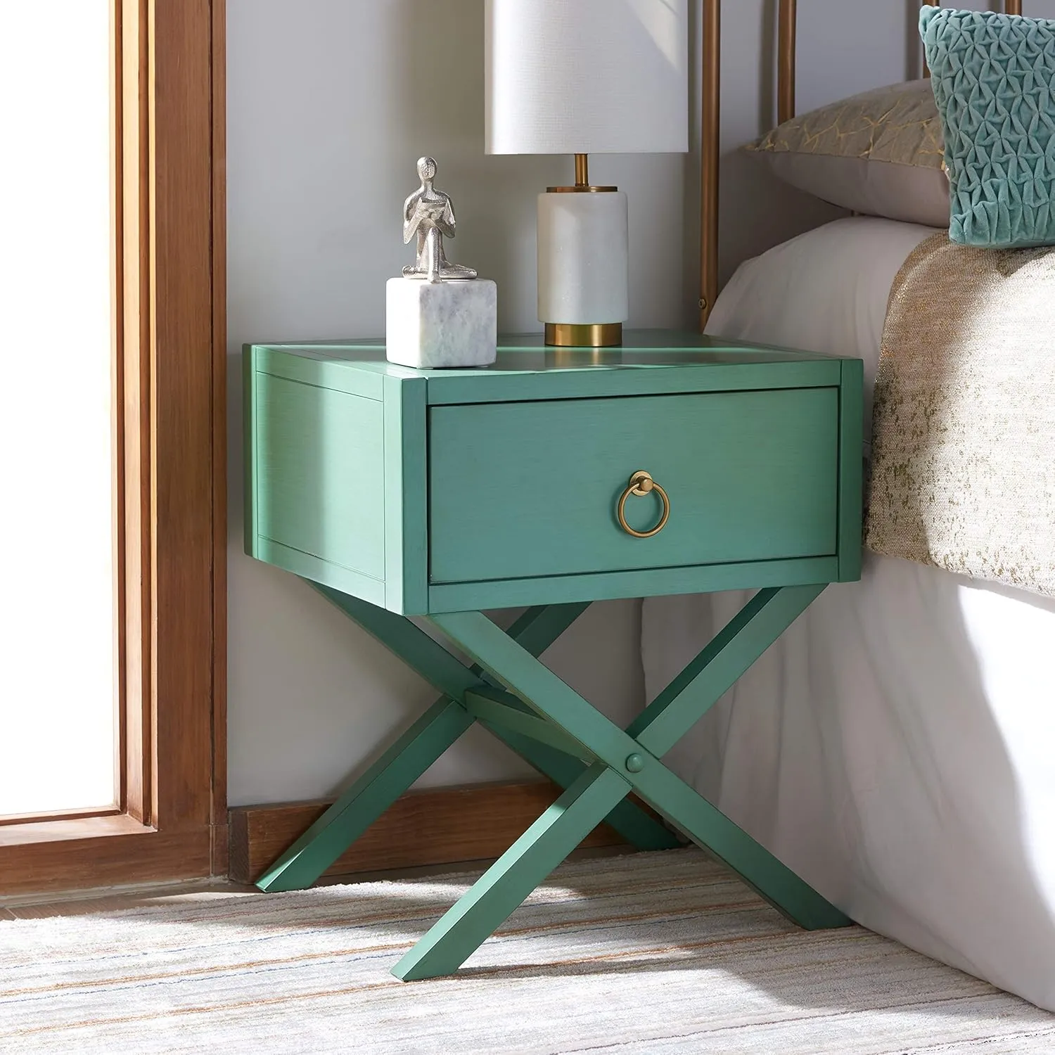 Safavieh Home Collection Odilia Turquoise and Gold 1-Drawer Nightstand, 16"D x 19"W x 22"H