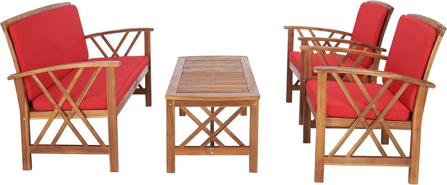 SAFAVIEH Outdoor Collection Fontana Natural/Red Cushion 4-Piece Conversation Patio Set