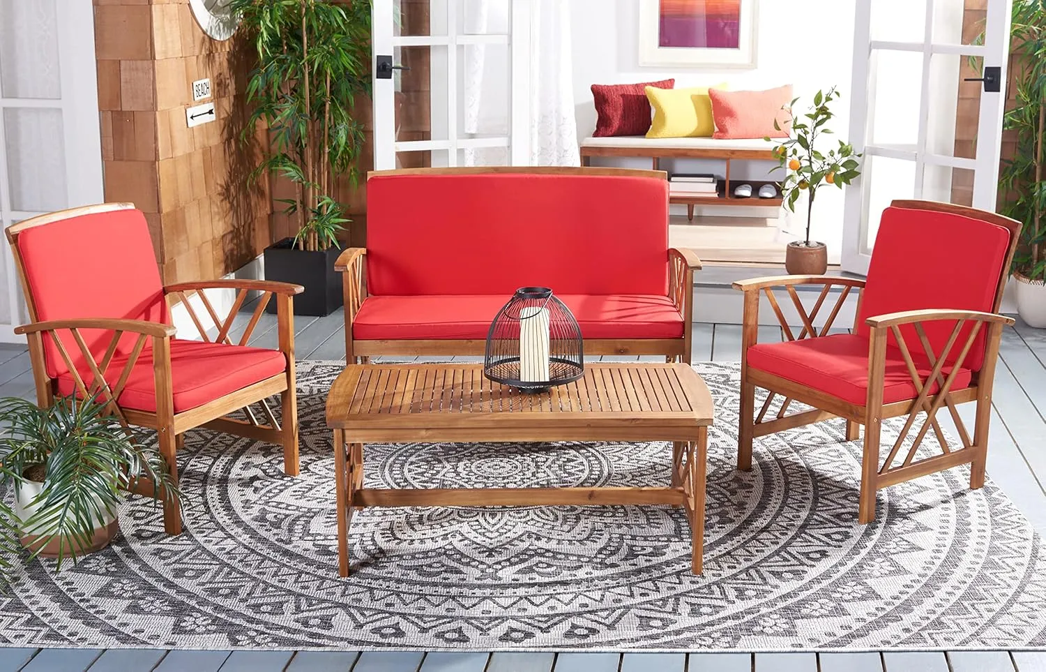 SAFAVIEH Outdoor Collection Fontana Natural/Red Cushion 4-Piece Conversation Patio Set