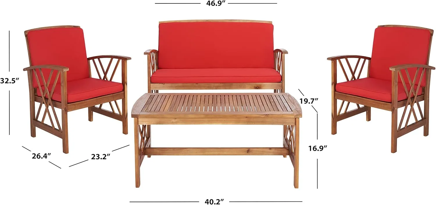 SAFAVIEH Outdoor Collection Fontana Natural/Red Cushion 4-Piece Conversation Patio Set