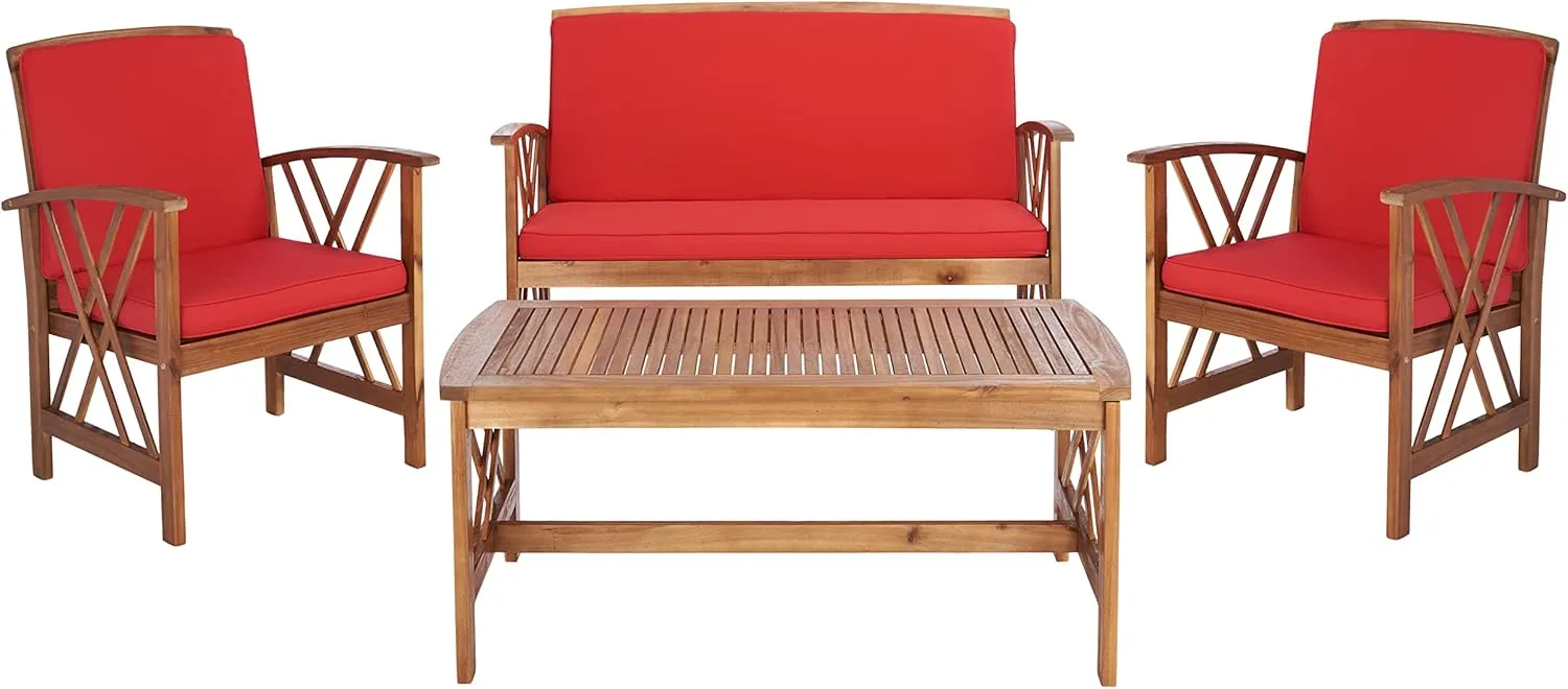 SAFAVIEH Outdoor Collection Fontana Natural/Red Cushion 4-Piece Conversation Patio Set