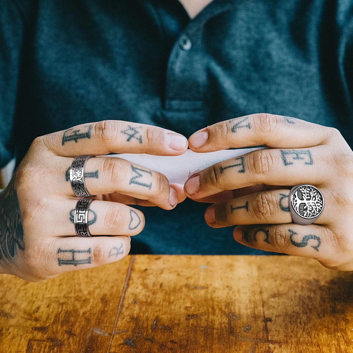 Sanfenly 5Pcs Stainless Steel Rings for Men Greek Signet Thumb Silver Retro Carving Celtic Band Rings Vintage Biker Band Rings Set
