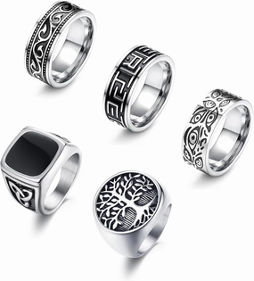 Sanfenly 5Pcs Stainless Steel Rings for Men Greek Signet Thumb Silver Retro Carving Celtic Band Rings Vintage Biker Band Rings Set
