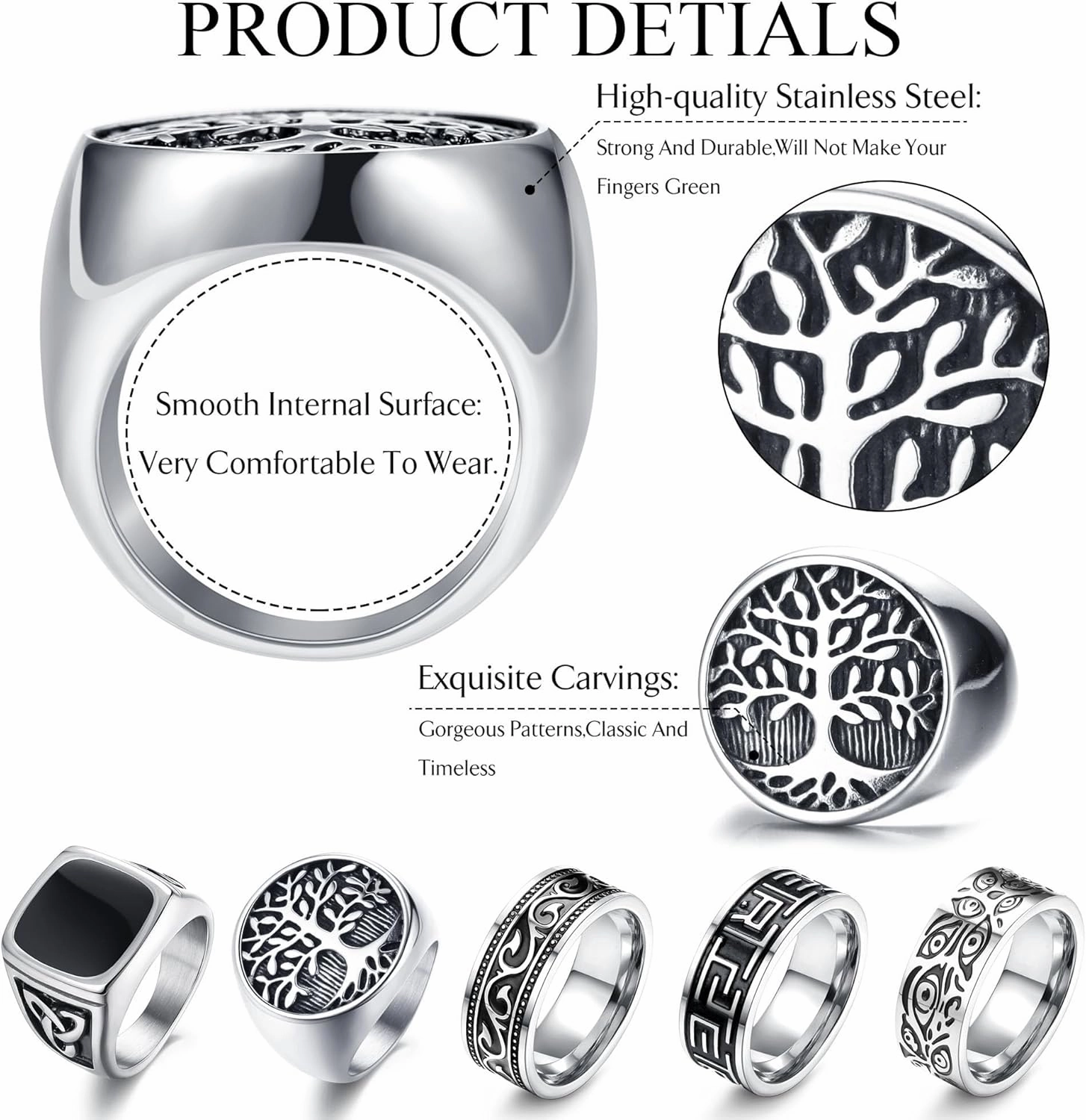Sanfenly 5Pcs Stainless Steel Rings for Men Greek Signet Thumb Silver Retro Carving Celtic Band Rings Vintage Biker Band Rings Set