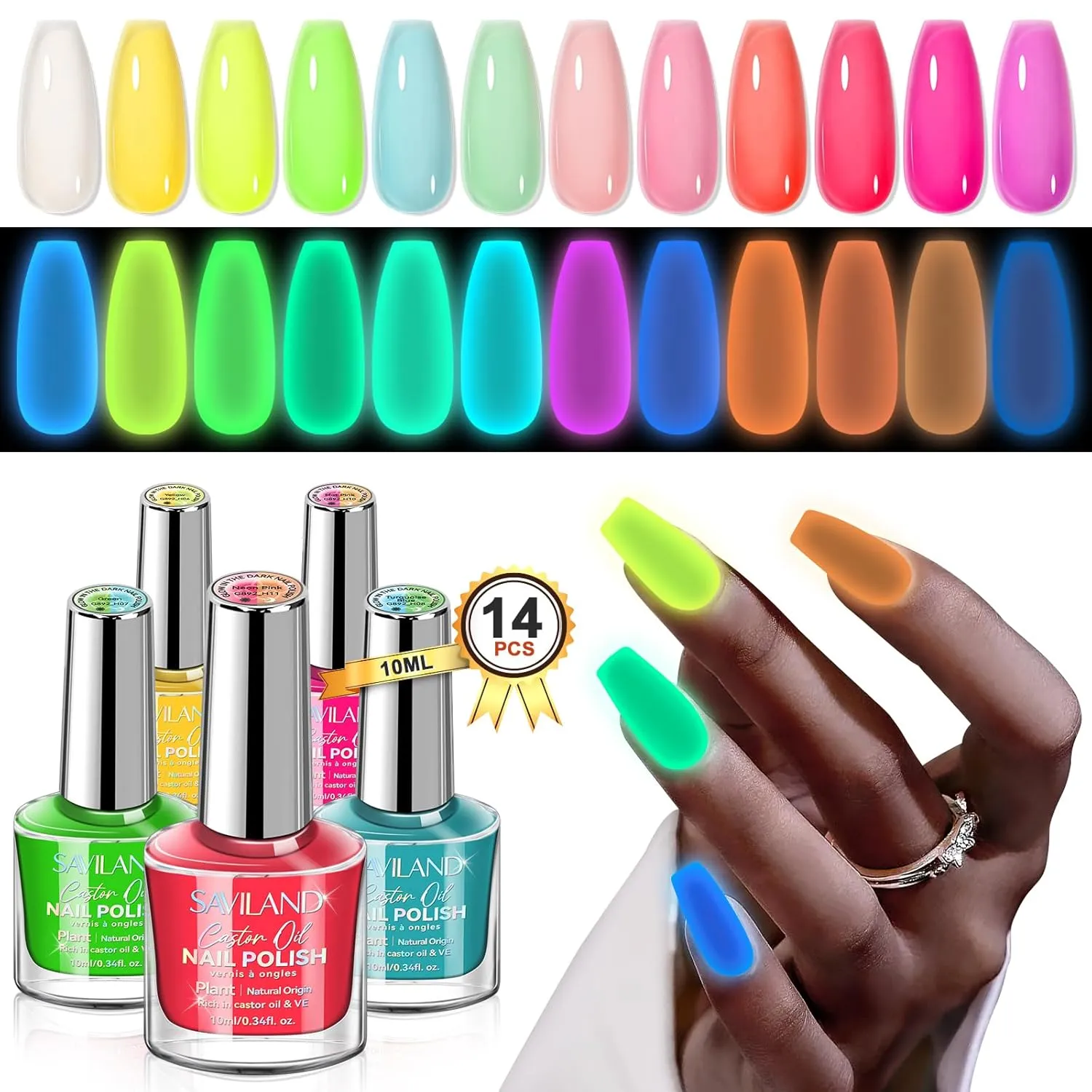 SAVILAND Glows in the Dark Nail Polish Set: 12 Colors Luminous Neon Vegan Nail Polish Kit with Base Nail Coat, Glow Effect Regular Nail Polish Quick Dry for Finger Toe Salon Home DIY Nail Art Beginner
