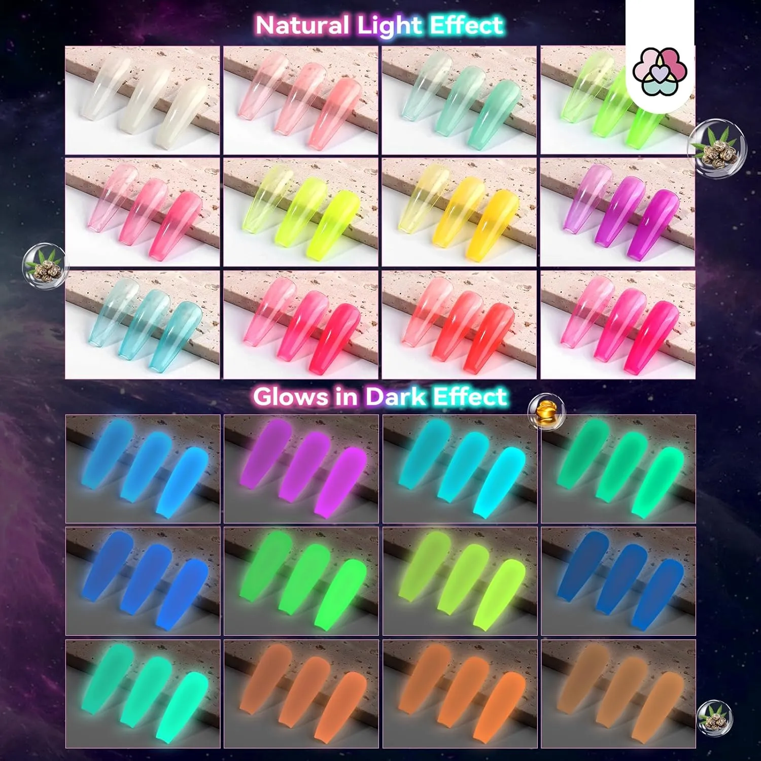 SAVILAND Glows in the Dark Nail Polish Set: 12 Colors Luminous Neon Vegan Nail Polish Kit with Base Nail Coat, Glow Effect Regular Nail Polish Quick Dry for Finger Toe Salon Home DIY Nail Art Beginner