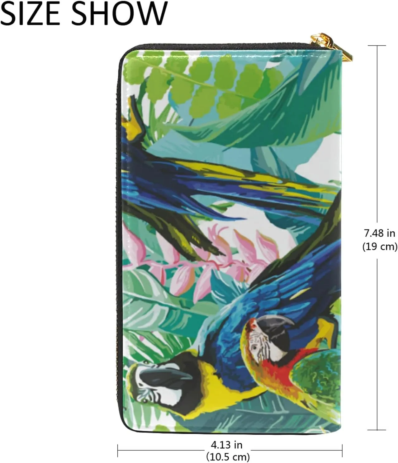 Seamless Colorful Parrots and Exotic Green Plants with Pink Flowers Leather Long Wallet Organizer with Zipper Purse Clutch Bag for Women Men Key Card Coin Passport Checkbook
