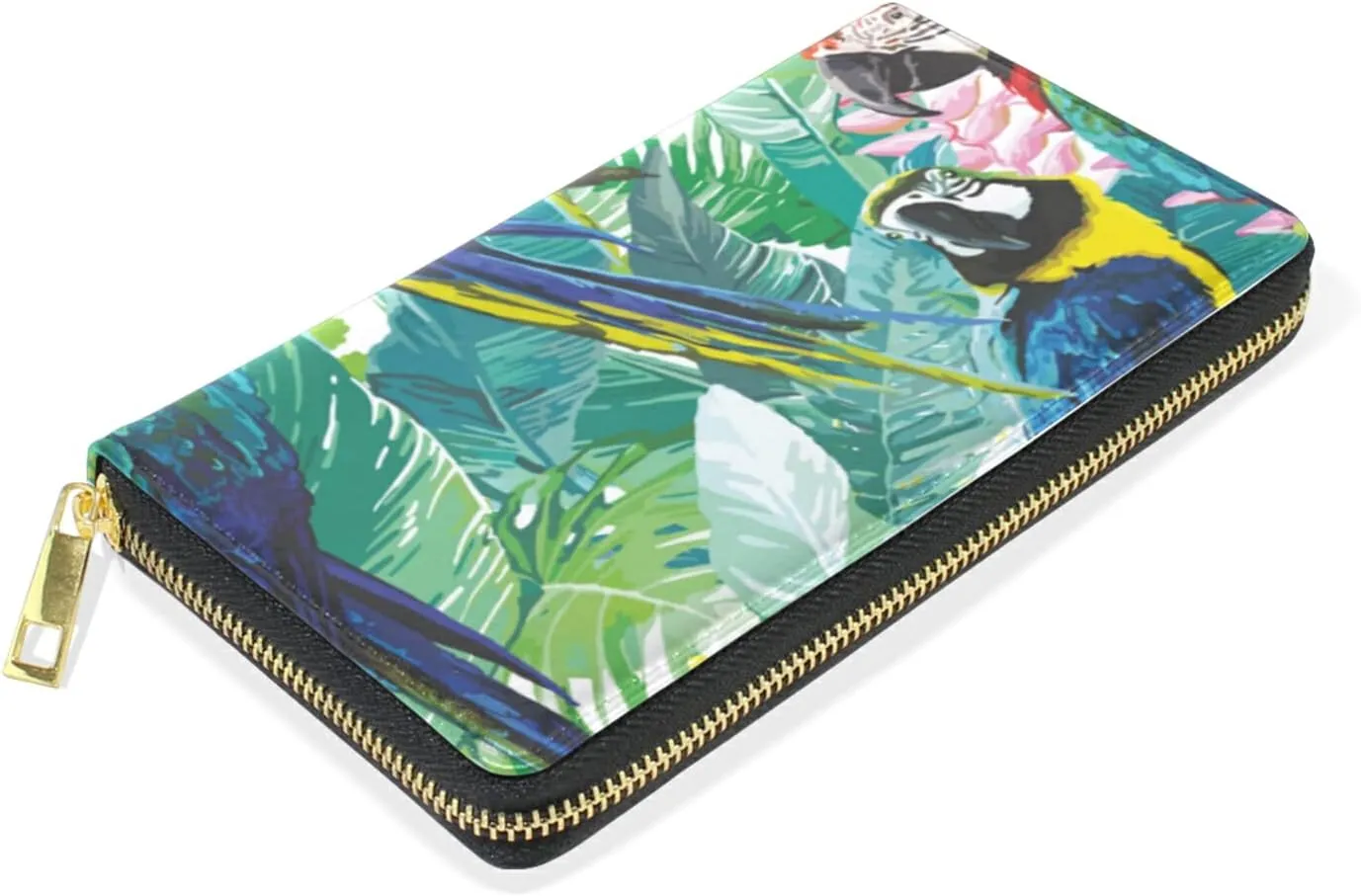 Seamless Colorful Parrots and Exotic Green Plants with Pink Flowers Leather Long Wallet Organizer with Zipper Purse Clutch Bag for Women Men Key Card Coin Passport Checkbook
