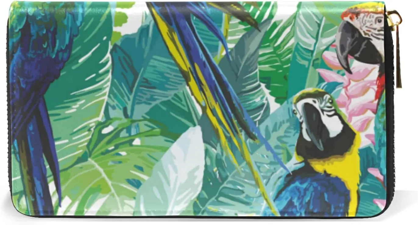 Seamless Colorful Parrots and Exotic Green Plants with Pink Flowers Leather Long Wallet Organizer with Zipper Purse Clutch Bag for Women Men Key Card Coin Passport Checkbook