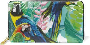 Seamless Colorful Parrots and Exotic Green Plants with Pink Flowers Leather Long Wallet Organizer with Zipper Purse Clutch Bag for Women Men Key Card Coin Passport Checkbook