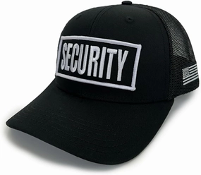 Security Guard Trucker Hat – Black Mesh Snapback Cap with Embroidered Gold Security Patch – One Size