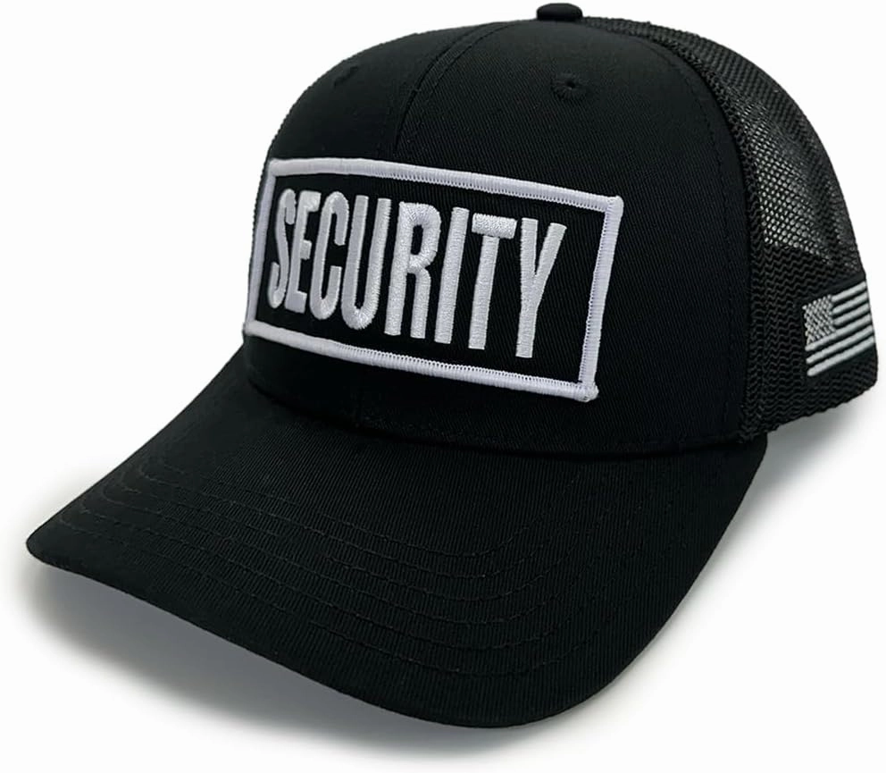 Security Guard Trucker Hat – Black Mesh Snapback Cap with Embroidered Gold Security Patch – One Size
