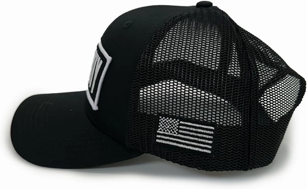 Security Guard Trucker Hat – Black Mesh Snapback Cap with Embroidered Gold Security Patch – One Size