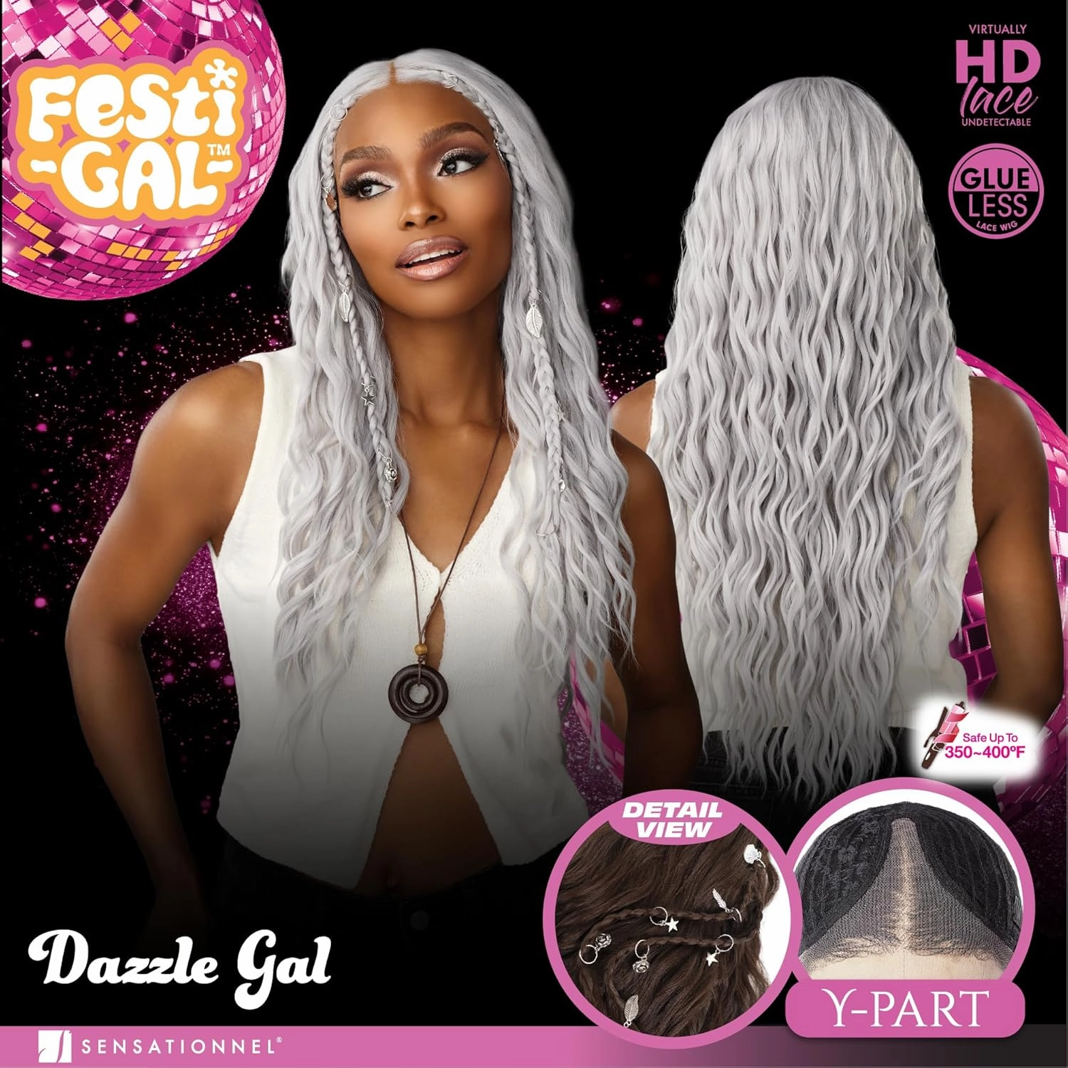 Sensationnel Shearmuse Festigal Lacewig - Dazzle Gal Glueless Ypart Laceparting Hand Tied Ready to Wear Synthetic Prestyled Units (BLACK)