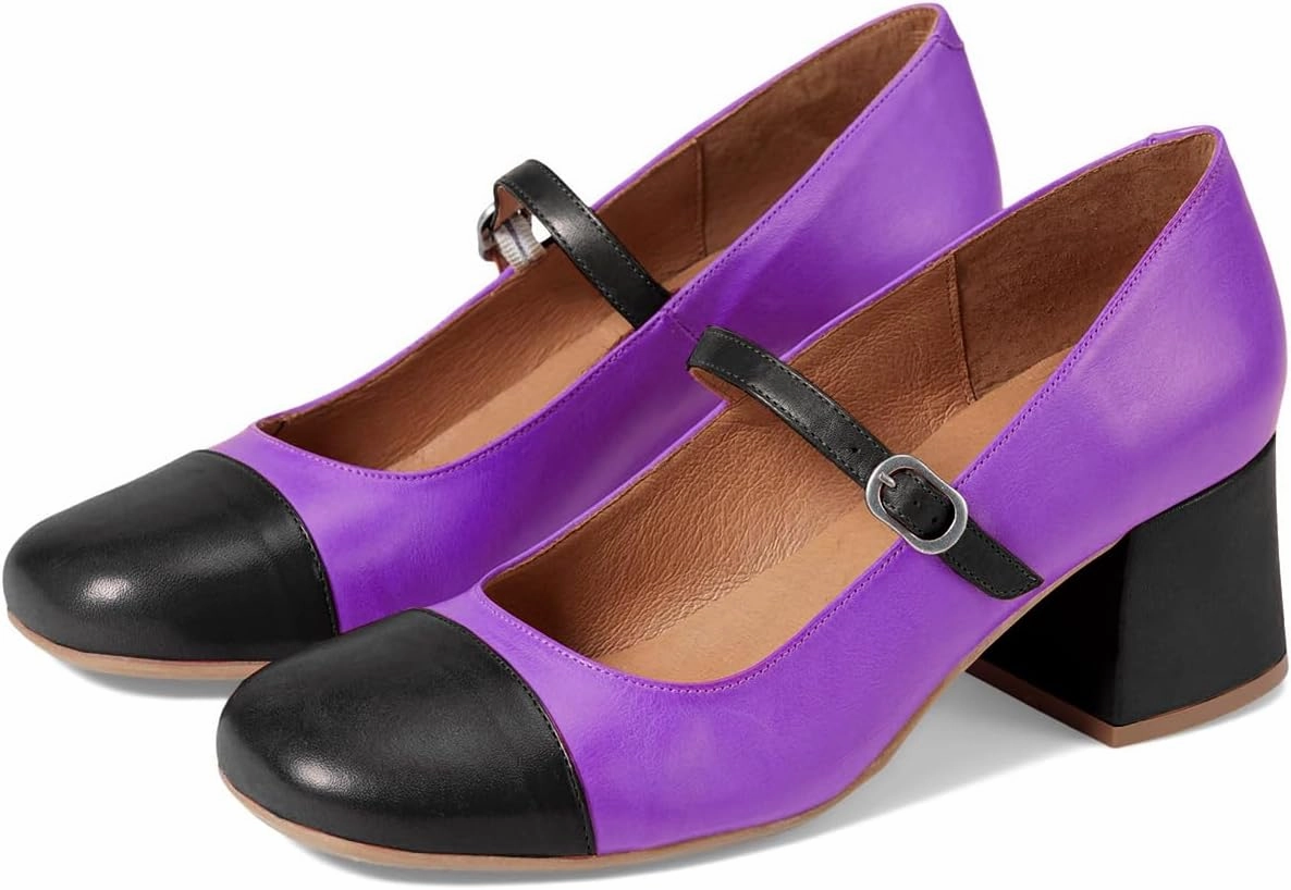 SHODENSE Women Rainbow Pumps Low Chunky Heel Mary Jane Shoes Square Cap Toe Ankle Strap Dress Pumps Two-Toned Mid Block Heel Mary Janes Lolita Shoes Multicolor Patchwork Office Wedding Party 4-11 M US