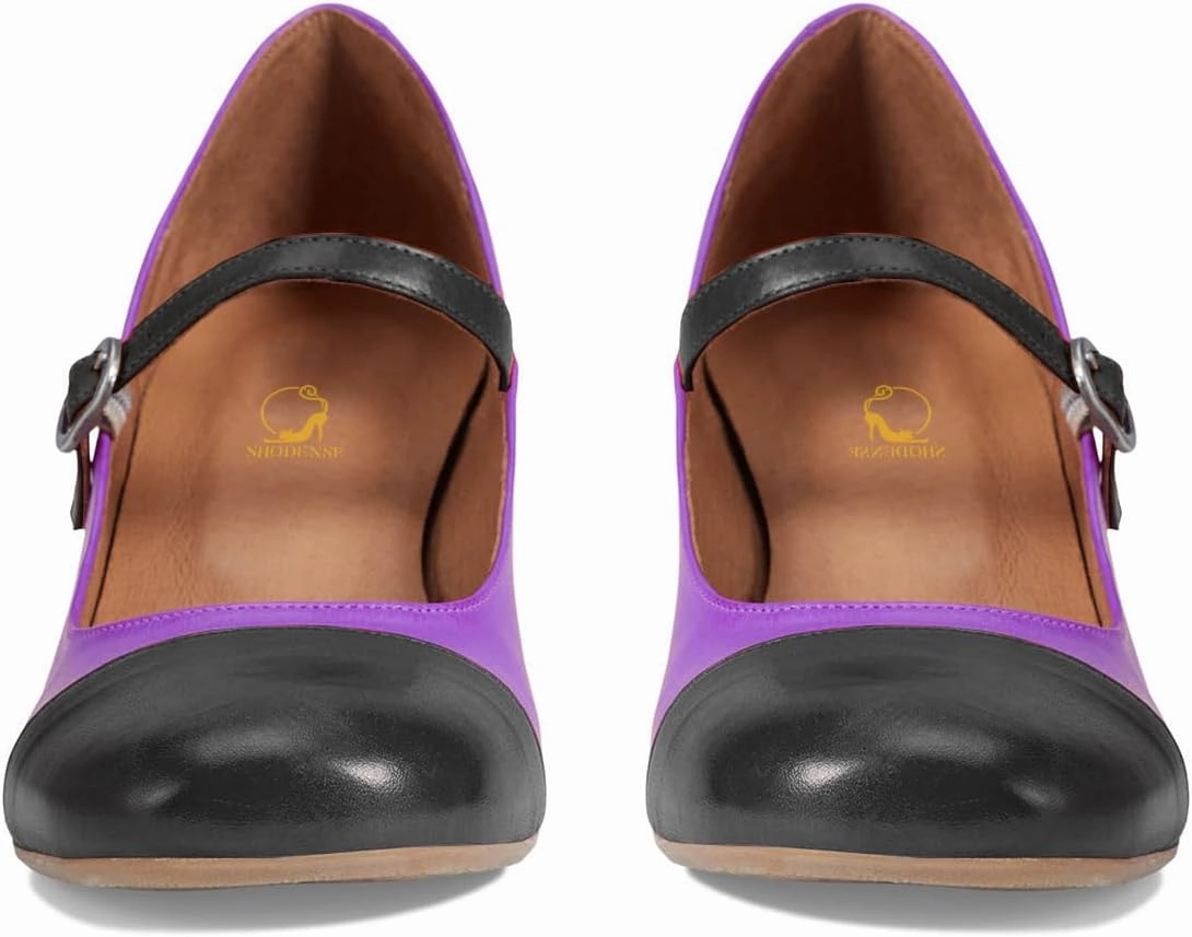 SHODENSE Women Rainbow Pumps Low Chunky Heel Mary Jane Shoes Square Cap Toe Ankle Strap Dress Pumps Two-Toned Mid Block Heel Mary Janes Lolita Shoes Multicolor Patchwork Office Wedding Party 4-11 M US