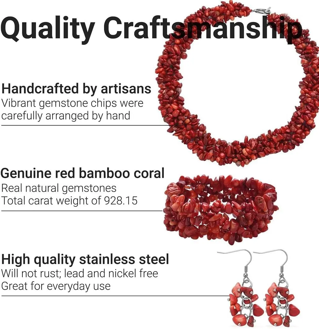 Shop LC Gemstone Chips Necklace, Earrings & Bracelet Set - Cluster Stainless Steel Jewelry for Women - Boho Beach Healing Crystal Jewelry - Necklace Length 18" - Stretchable Bracelet Birthday Mothers