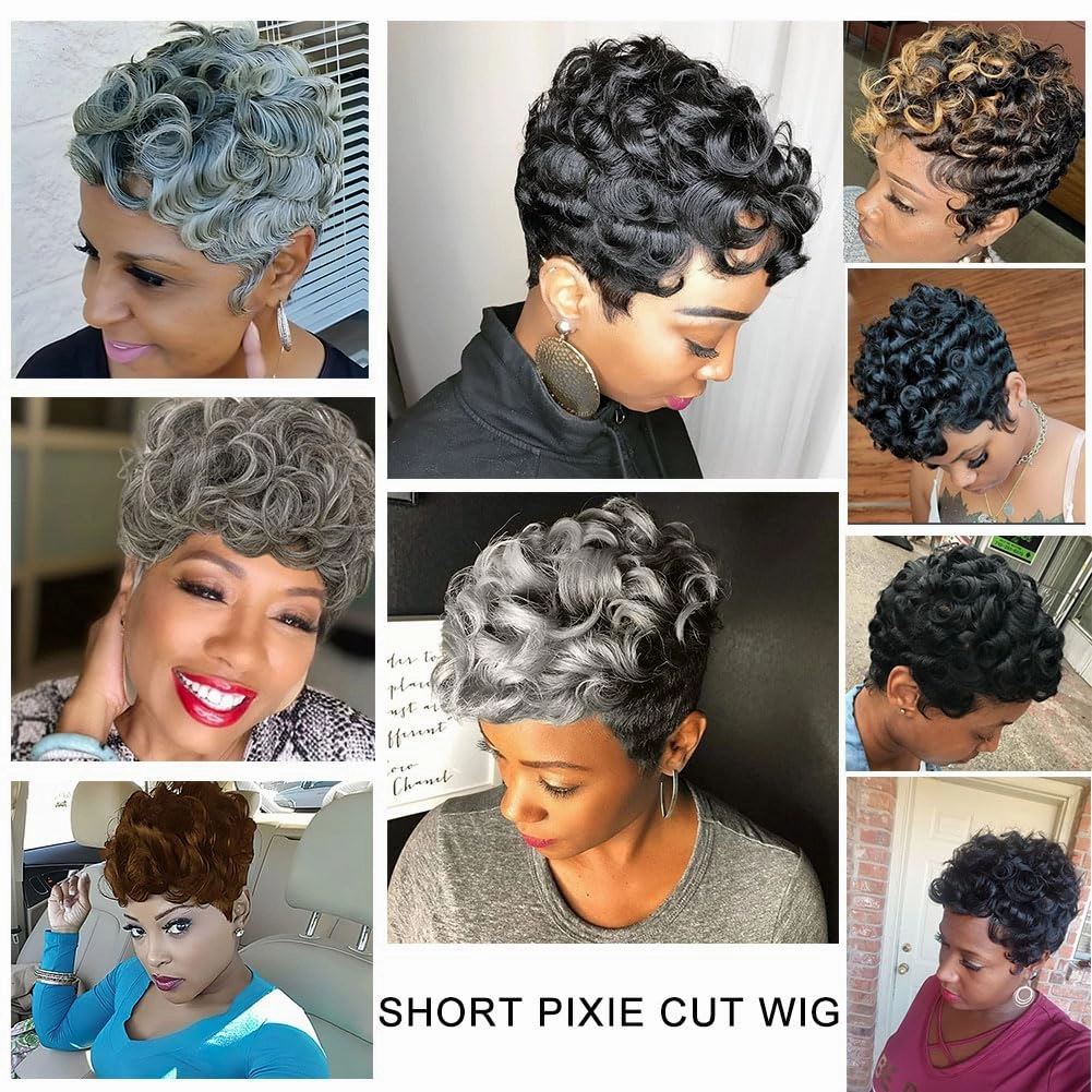 Short Curly Wigs for Blcak Women Black Mixed Silver Pixie Cut Wig for Black Women Cute Blonde Pixie Wig with Bangs Short Layered Pixie Wig Synthetic Natural Wavy Short Synthetic Hair Wigs for Women