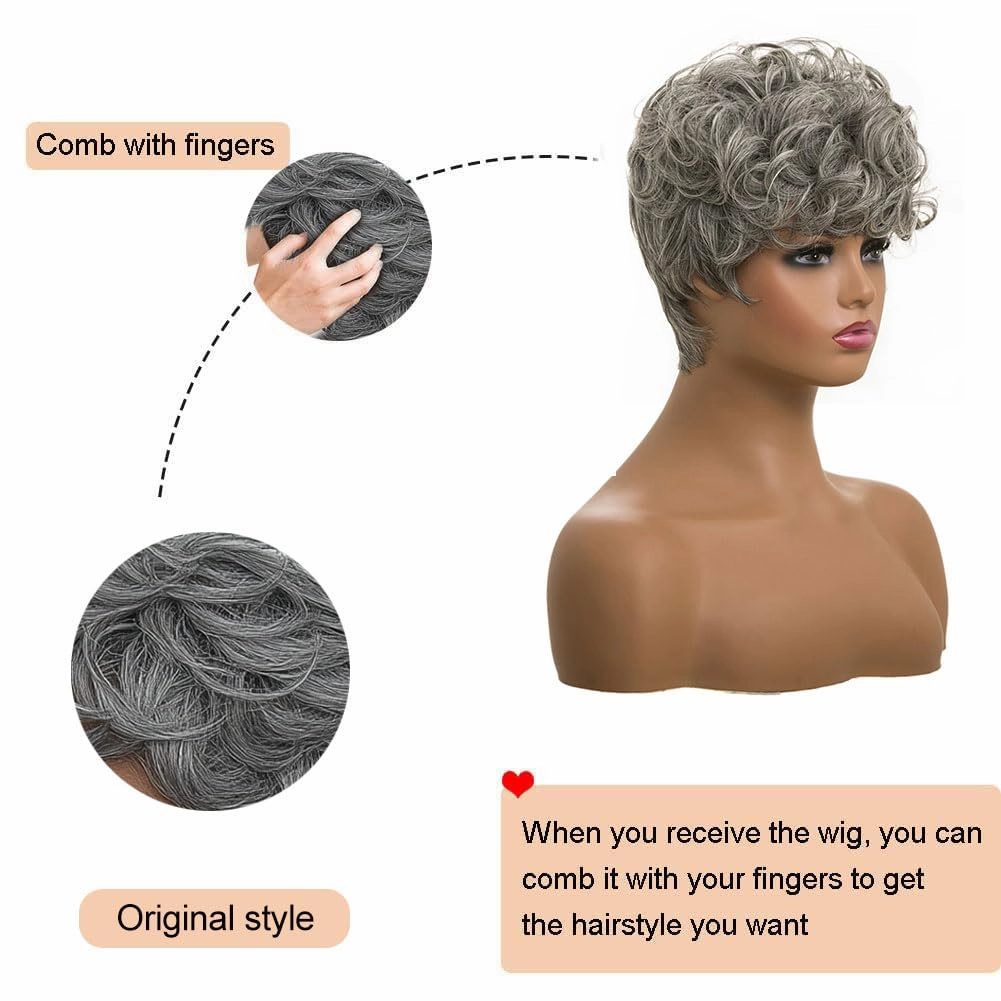 Short Curly Wigs for Blcak Women Black Mixed Silver Pixie Cut Wig for Black Women Cute Blonde Pixie Wig with Bangs Short Layered Pixie Wig Synthetic Natural Wavy Short Synthetic Hair Wigs for Women
