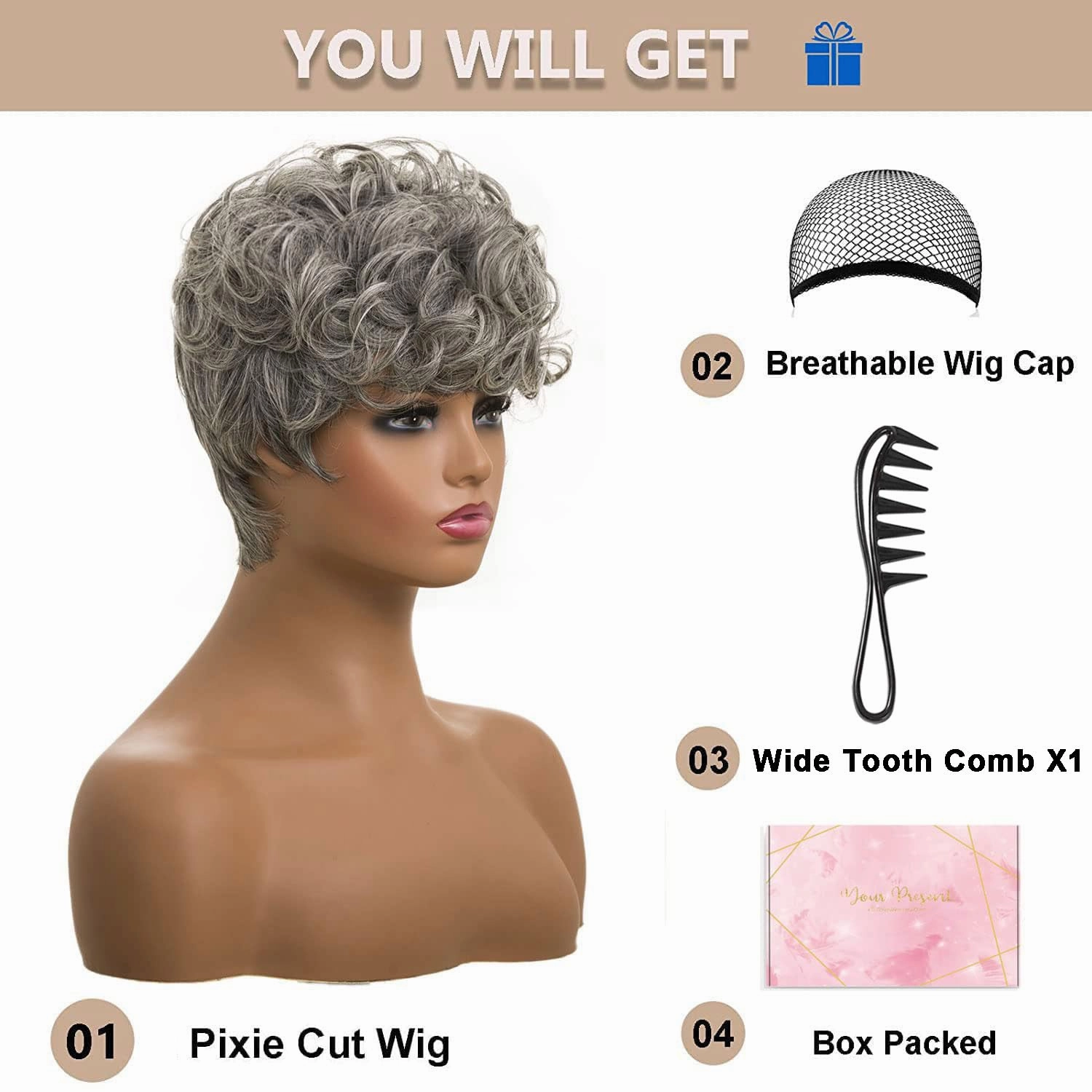 Short Curly Wigs for Blcak Women Black Mixed Silver Pixie Cut Wig for Black Women Cute Blonde Pixie Wig with Bangs Short Layered Pixie Wig Synthetic Natural Wavy Short Synthetic Hair Wigs for Women