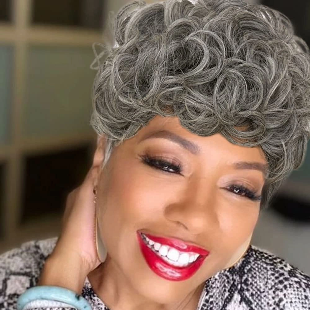 Short Curly Wigs for Blcak Women Black Mixed Silver Pixie Cut Wig for Black Women Cute Blonde Pixie Wig with Bangs Short Layered Pixie Wig Synthetic Natural Wavy Short Synthetic Hair Wigs for Women
