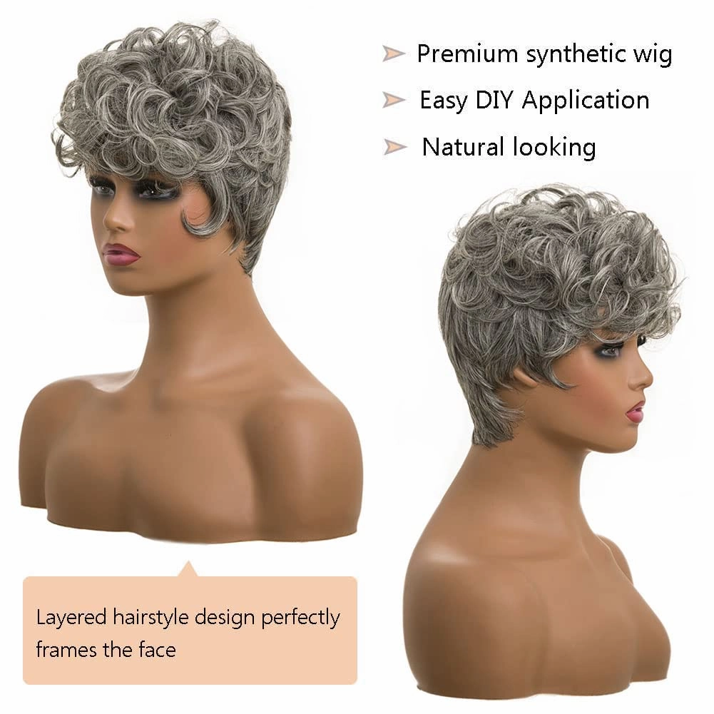 Short Curly Wigs for Blcak Women Black Mixed Silver Pixie Cut Wig for Black Women Cute Blonde Pixie Wig with Bangs Short Layered Pixie Wig Synthetic Natural Wavy Short Synthetic Hair Wigs for Women