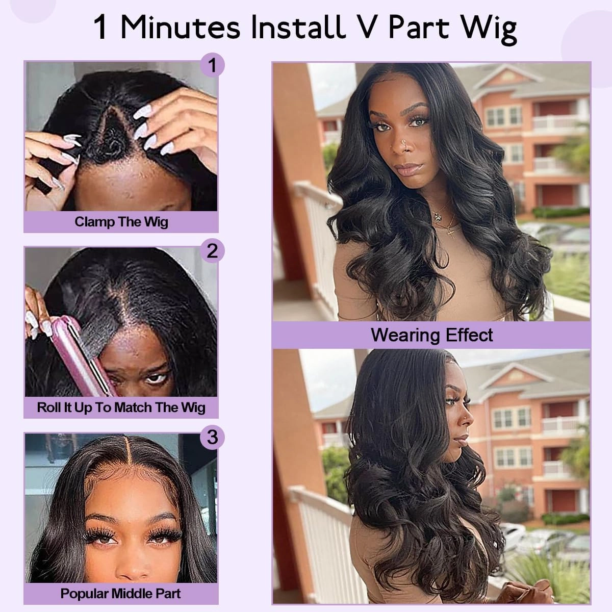 Short Wavy V Part Wigs For Black Women, Wear&Go Upgrade U Part Wig, Glueless Half Wig Heat Resistant Synthetic Hair Soft As Human Hair (24 Inch)