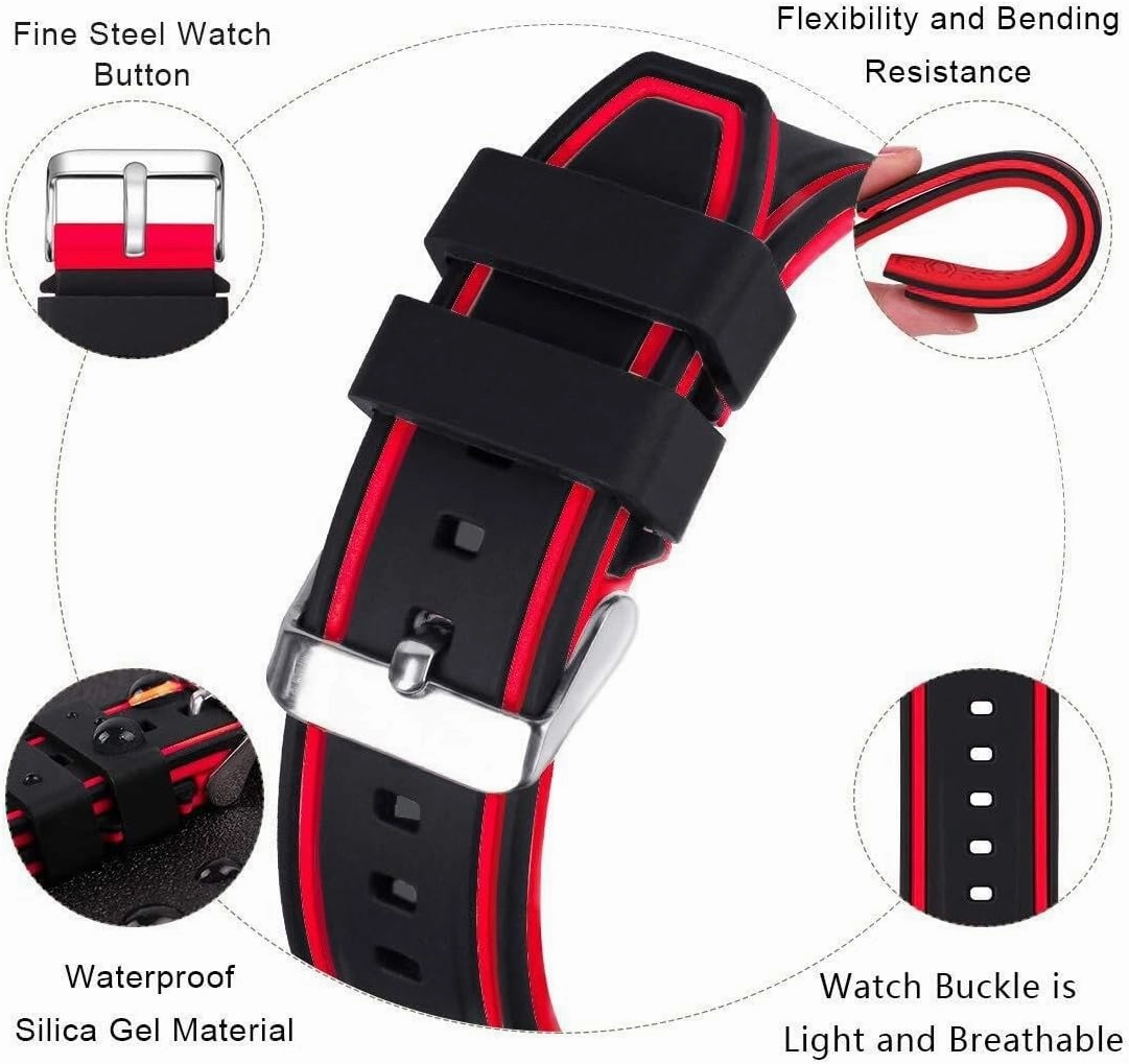 Silicone Watch Bands Divers Model Replacement Rubber Watch Strap 20mm 22mm 24mm 26mm Waterproof Line Bicolor Silver Buckle for Men and Women Sport