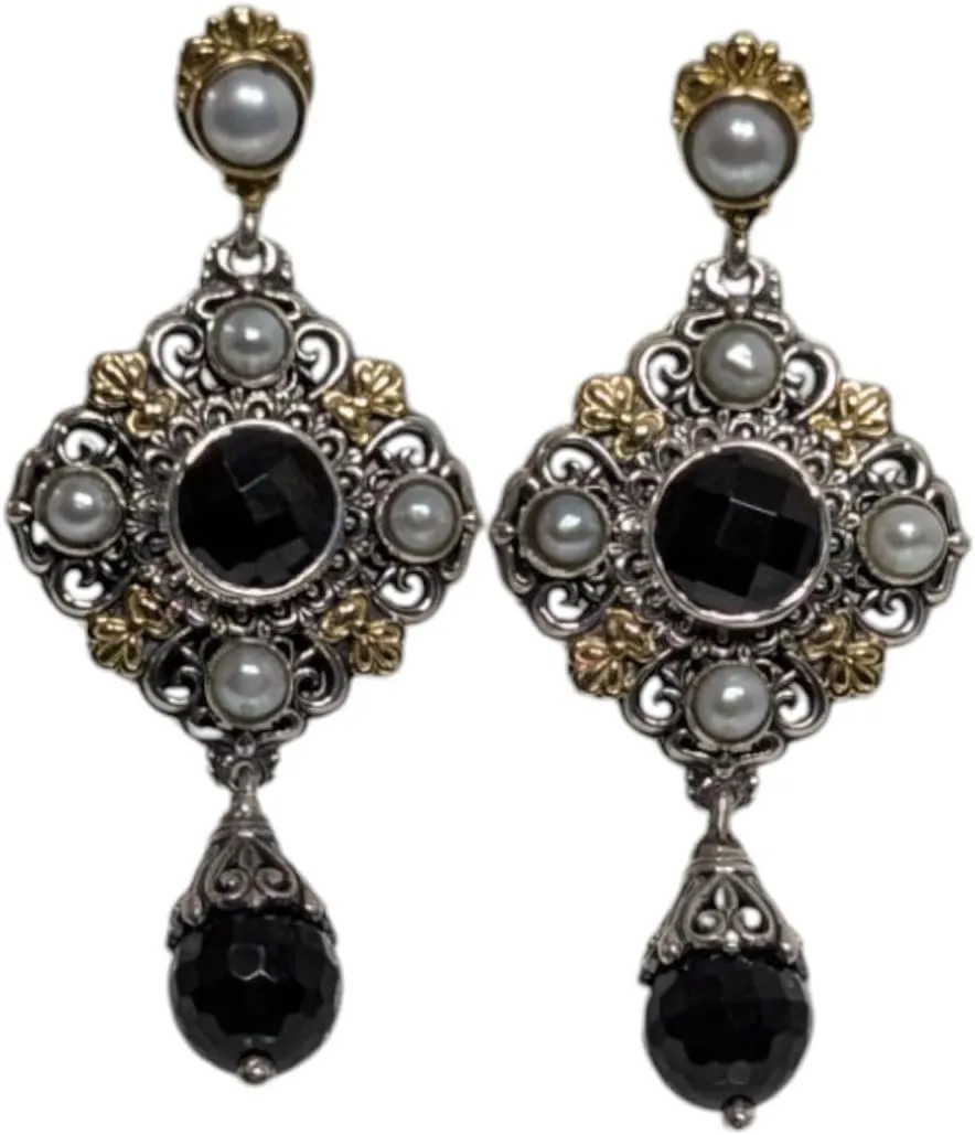 Silver, 18K Gold, Onyx and Pearl Earring SKMK2980-224-CUT