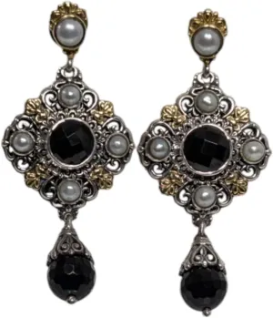 Silver, 18K Gold, Onyx and Pearl Earring SKMK2980-224-CUT