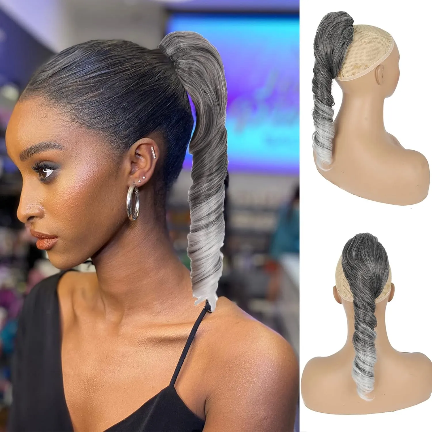 Silver Grey Ponytail Extension for Black Women Synthetic Salt & Pepper Ponytail Spiral Curly Drawstring Pony Tails, 14inch Short Gray Hair Ponytail Extensions Clip in Hairpiece for Women Girls