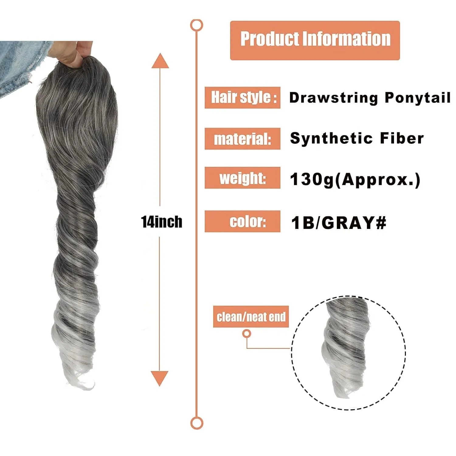 Silver Grey Ponytail Extension for Black Women Synthetic Salt & Pepper Ponytail Spiral Curly Drawstring Pony Tails, 14inch Short Gray Hair Ponytail Extensions Clip in Hairpiece for Women Girls