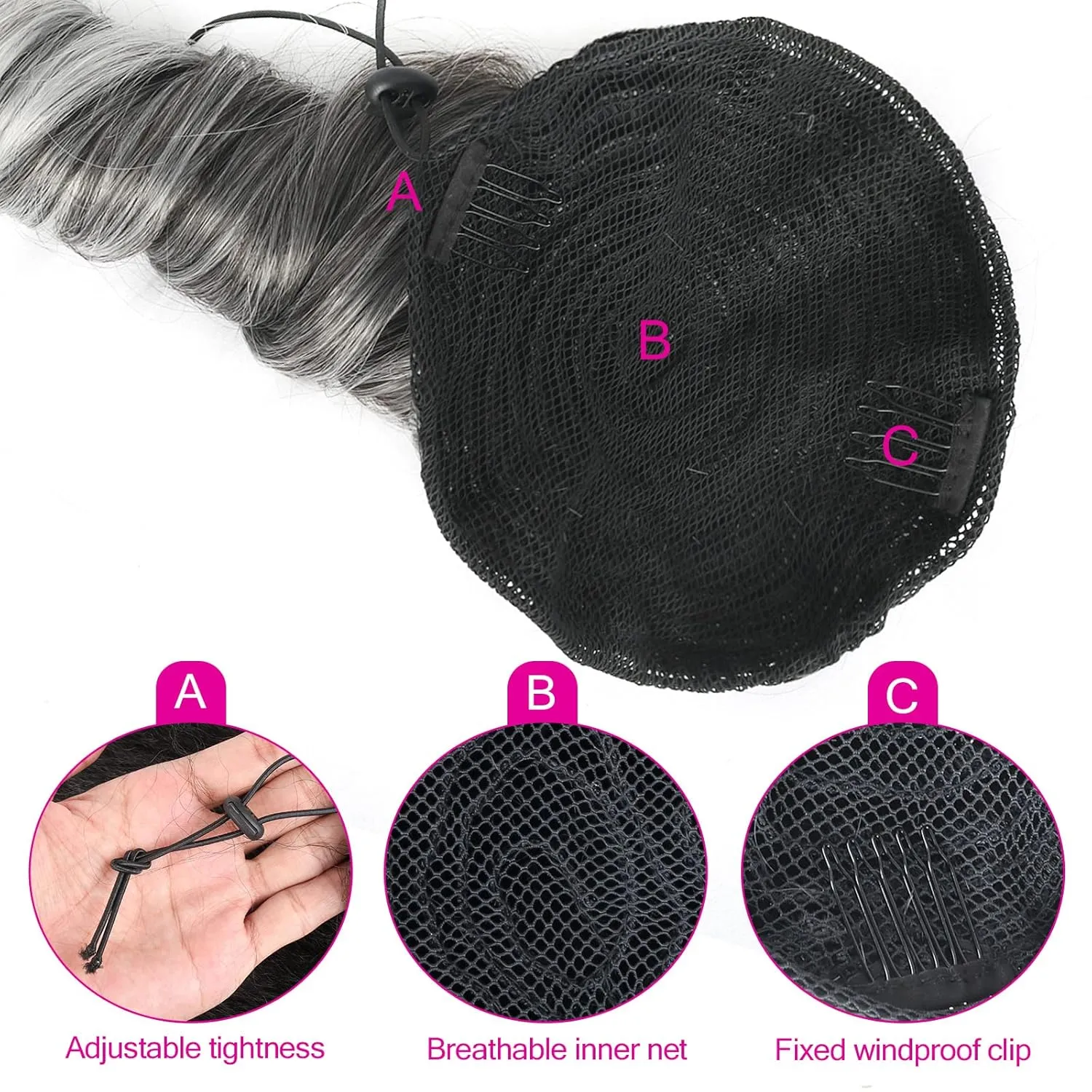 Silver Grey Ponytail Extension for Black Women Synthetic Salt & Pepper Ponytail Spiral Curly Drawstring Pony Tails, 14inch Short Gray Hair Ponytail Extensions Clip in Hairpiece for Women Girls