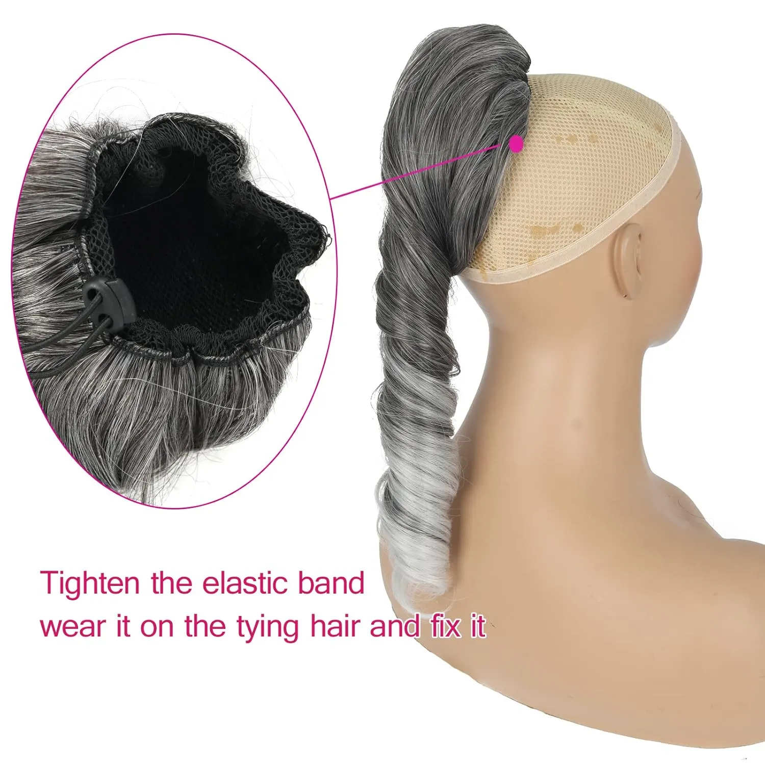 Silver Grey Ponytail Extension for Black Women Synthetic Salt & Pepper Ponytail Spiral Curly Drawstring Pony Tails, 14inch Short Gray Hair Ponytail Extensions Clip in Hairpiece for Women Girls
