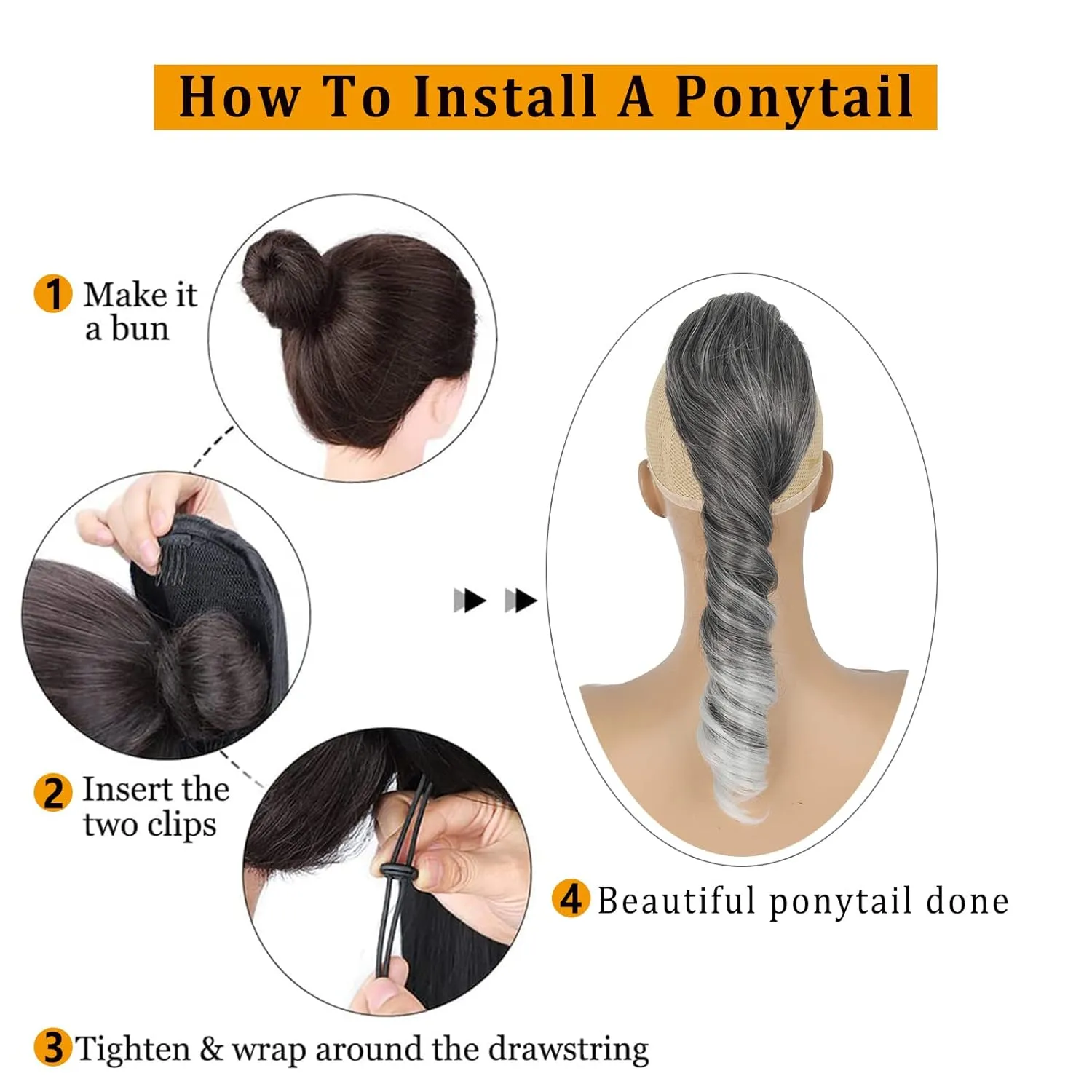 Silver Grey Ponytail Extension for Black Women Synthetic Salt & Pepper Ponytail Spiral Curly Drawstring Pony Tails, 14inch Short Gray Hair Ponytail Extensions Clip in Hairpiece for Women Girls