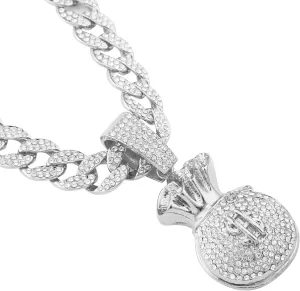 Silver -Plated Cuban Chain Necklace with Money Bag Charm - Doubling Fortune Design in Crystal & Diamond Decor