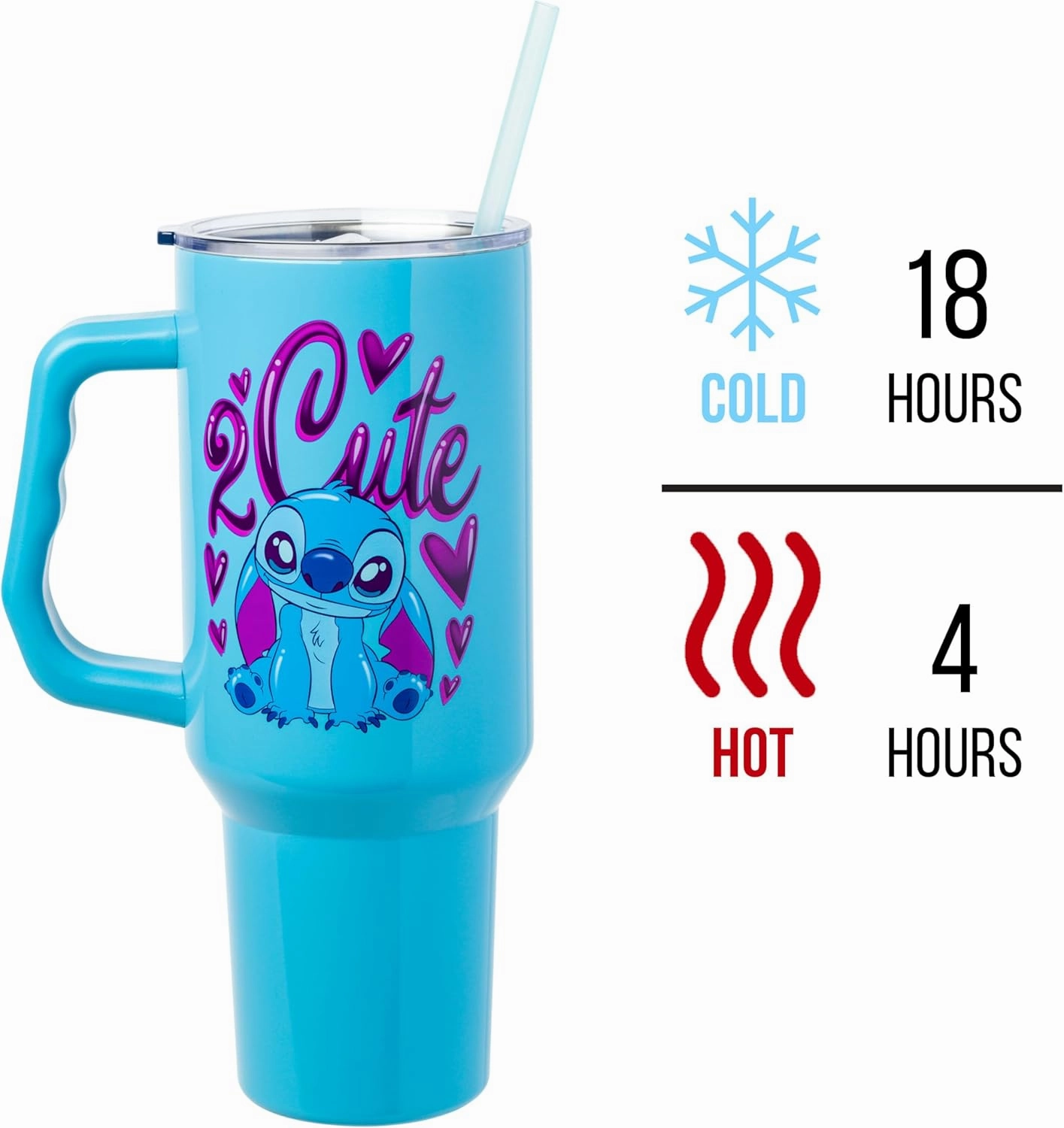 Silver Buffalo Disney Lilo and Stitch 2 Cute Kawaii Stitch Sitting Stainless Steel Tumbler with Handle and Straw, Fits in Standard Cup Holder, 40 Ounces