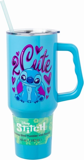 Silver Buffalo Disney Lilo and Stitch 2 Cute Kawaii Stitch Sitting Stainless Steel Tumbler with Handle and Straw, Fits in Standard Cup Holder, 40 Ounces