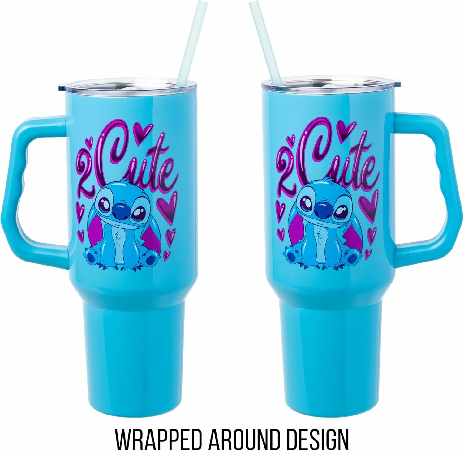 Silver Buffalo Disney Lilo and Stitch 2 Cute Kawaii Stitch Sitting Stainless Steel Tumbler with Handle and Straw, Fits in Standard Cup Holder, 40 Ounces